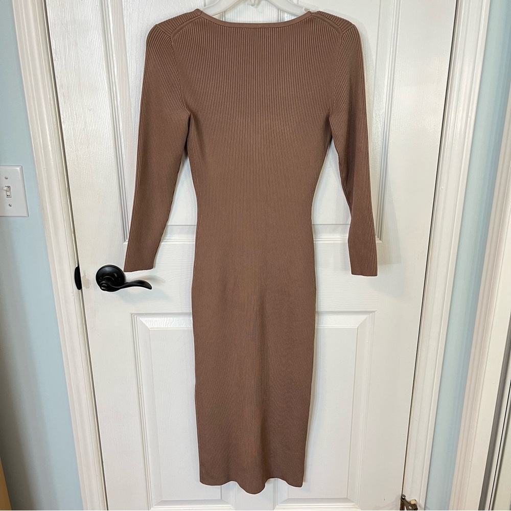 Babaton Ribbed Ponte Knit Contour Dress Brown V-Neck Midi Sexy Women's Small - Picture 2 of 11